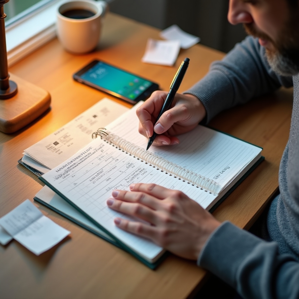 Person entering daily expenses into a paper ledger next to a smartphone