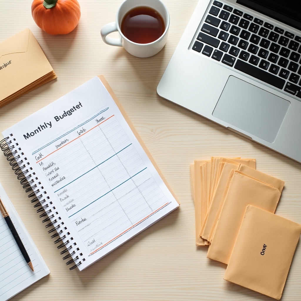 Desk with a budgeting notebook, envelopes and a laptop set up for a monthly budget review